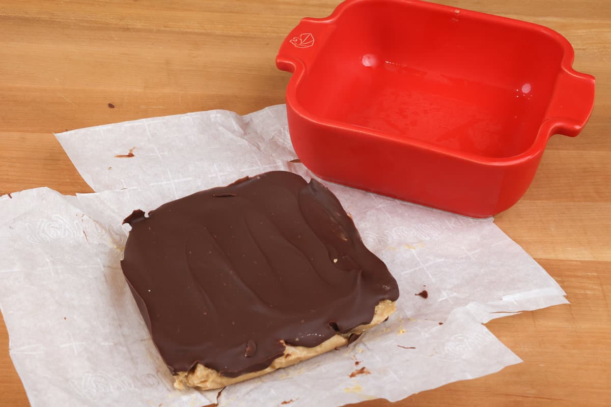 One large peanut butter bar next to a red dish.