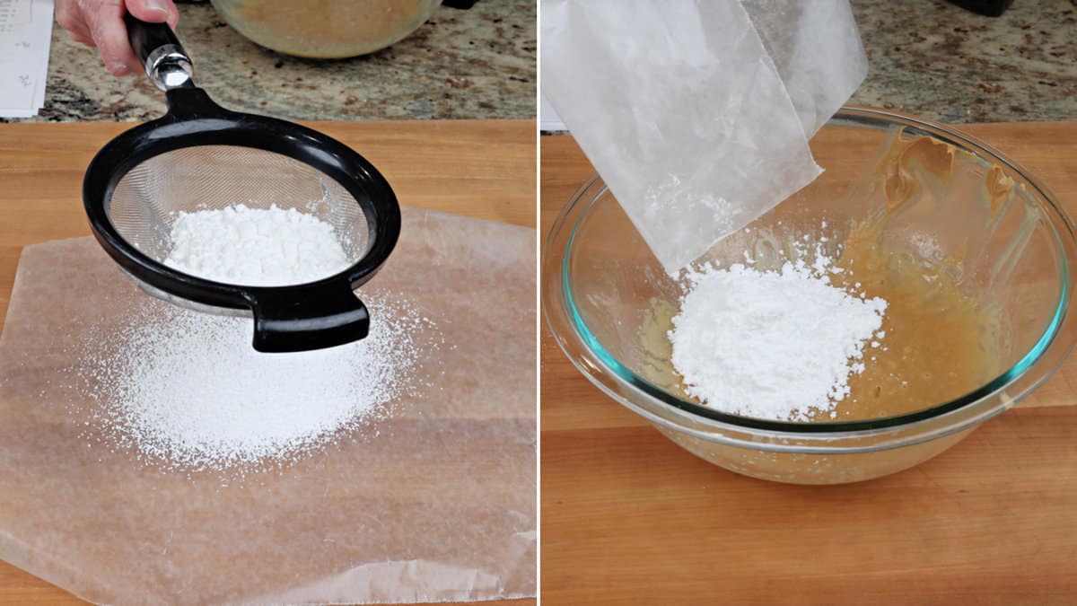 Sifting powdered sugar with a fine mesh strainer.