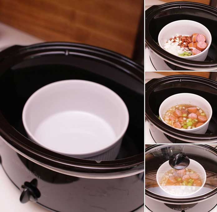 Steps for placing a small bowl inside a large slow cooker to adapt a recipe to fit your slow cooker