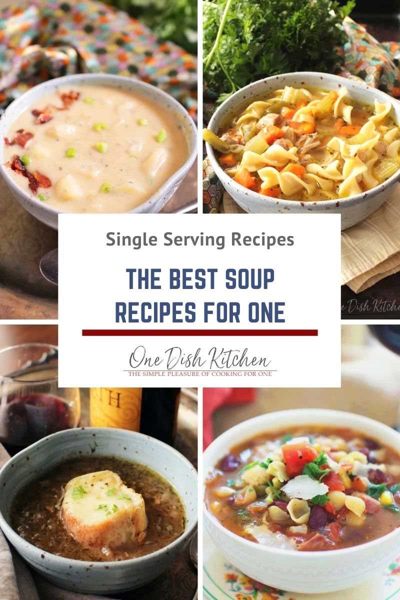 Four pictures of bowls of different types of soup.