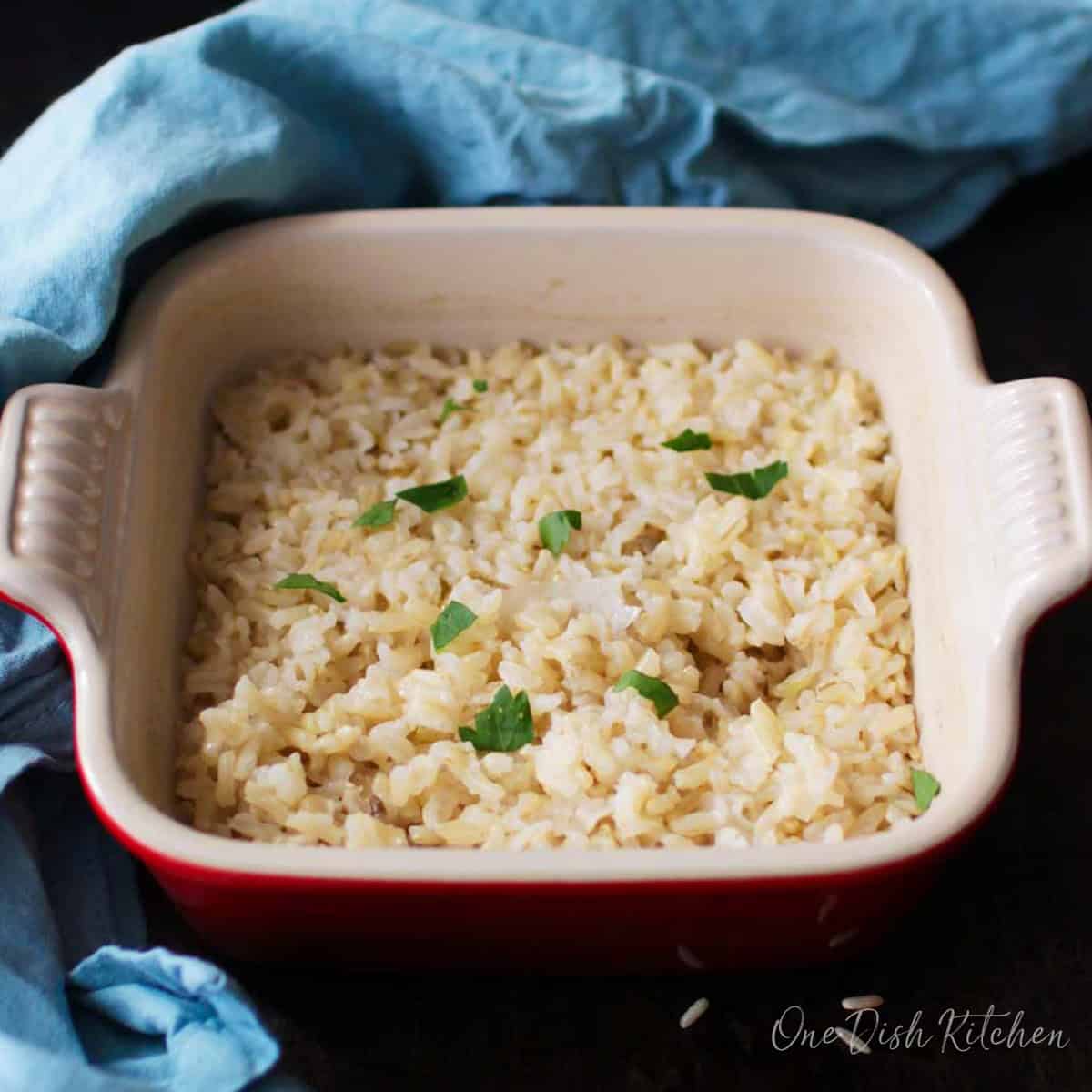 baked brown rice in a baking dish.