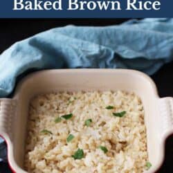 a small batch of baked brown rice in a baking dish.
