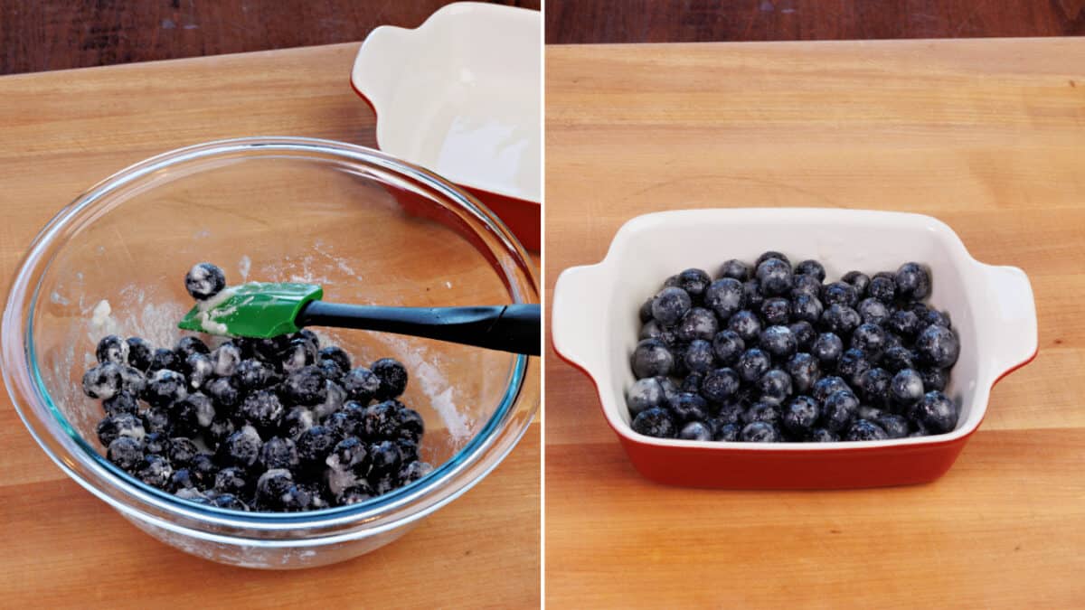 blueberries mixed with flour, sugar, and lemon juice in a mixing bowl
