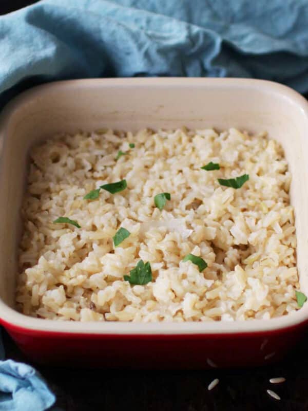 baked brown rice in a small baking dish.