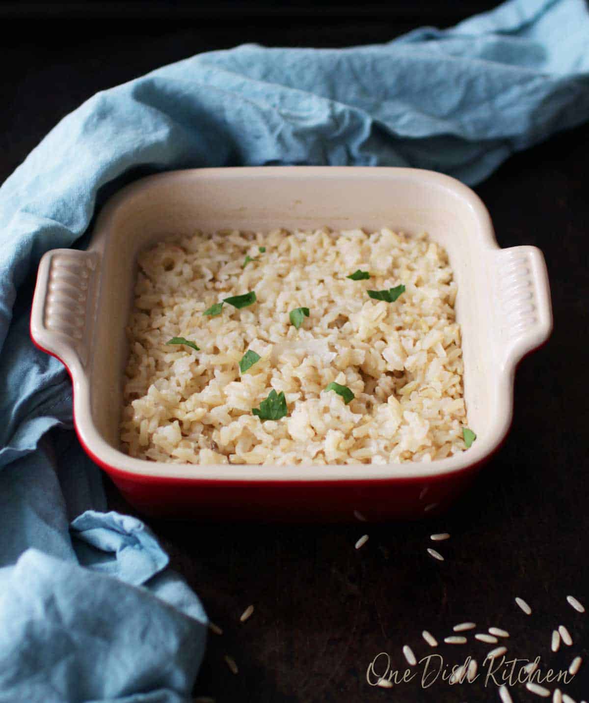 baked brown rice in a baking dish.