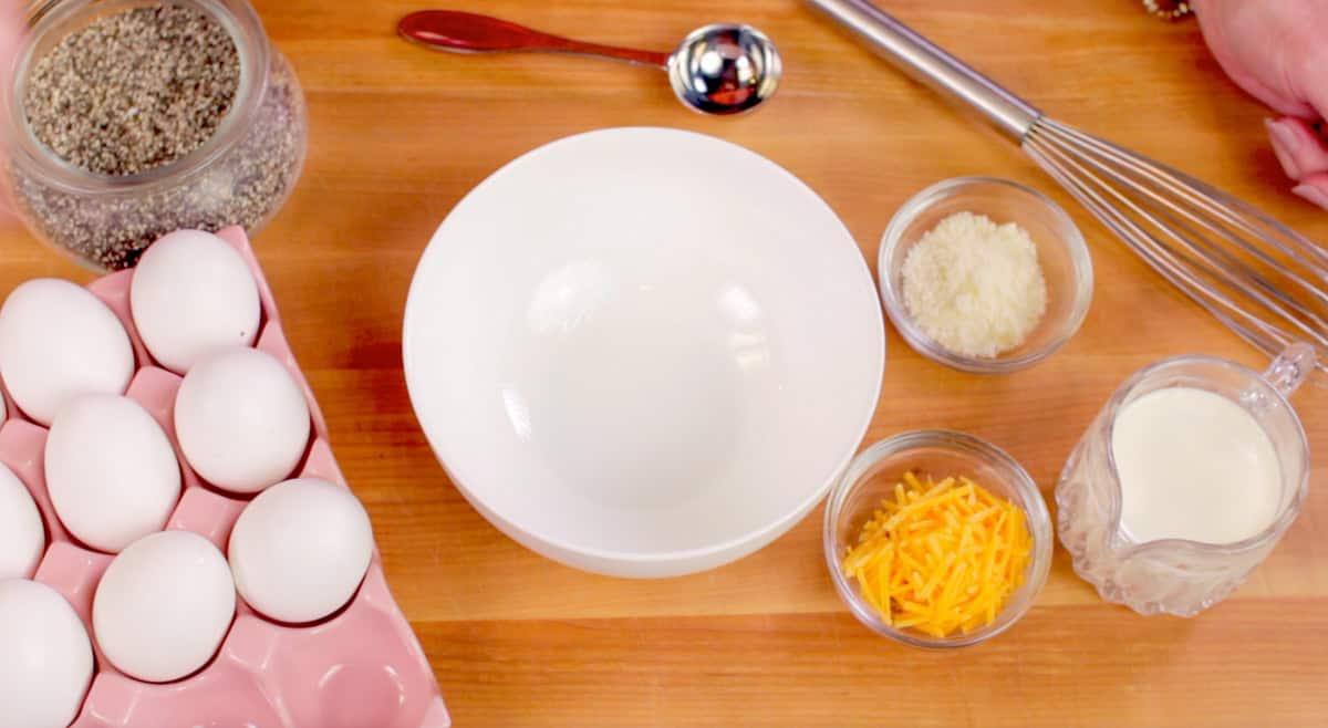 ingredients in baked egg on a kitchen counter.