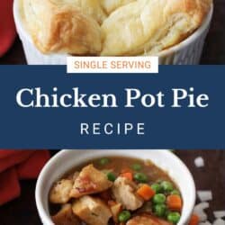 a mini chicken pot pie in a white ramekin.