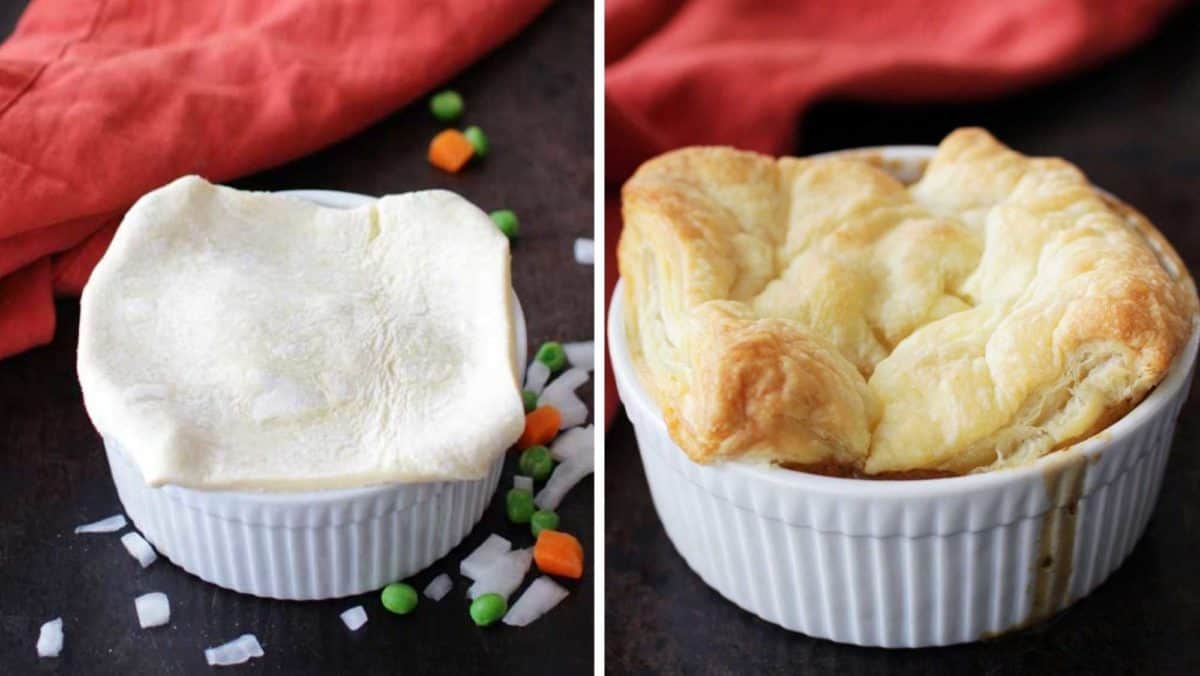 puff pastry topping a small white ramekin.