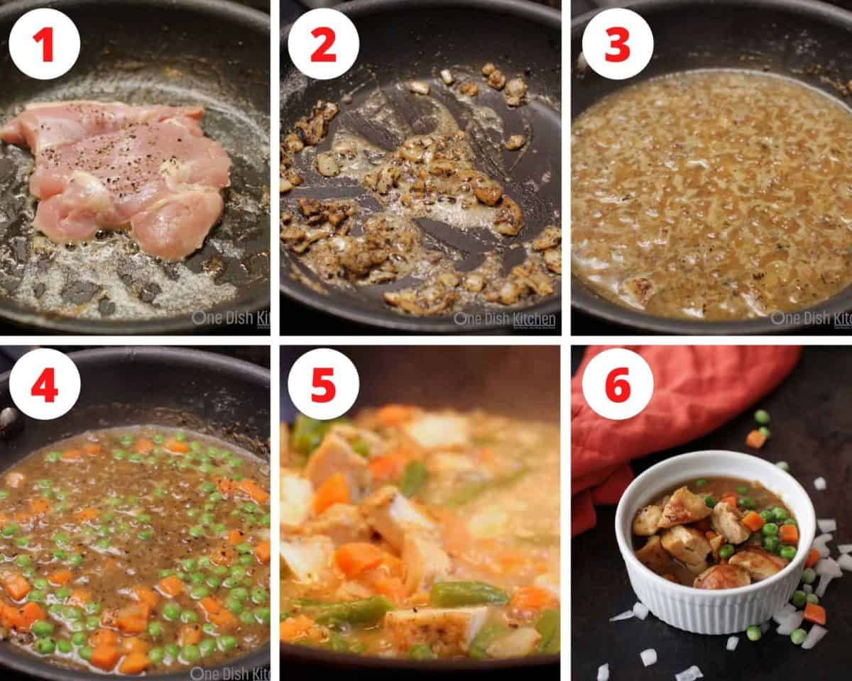 Six pictures of chicken cooking in a pan along with a gravy with vegetables.