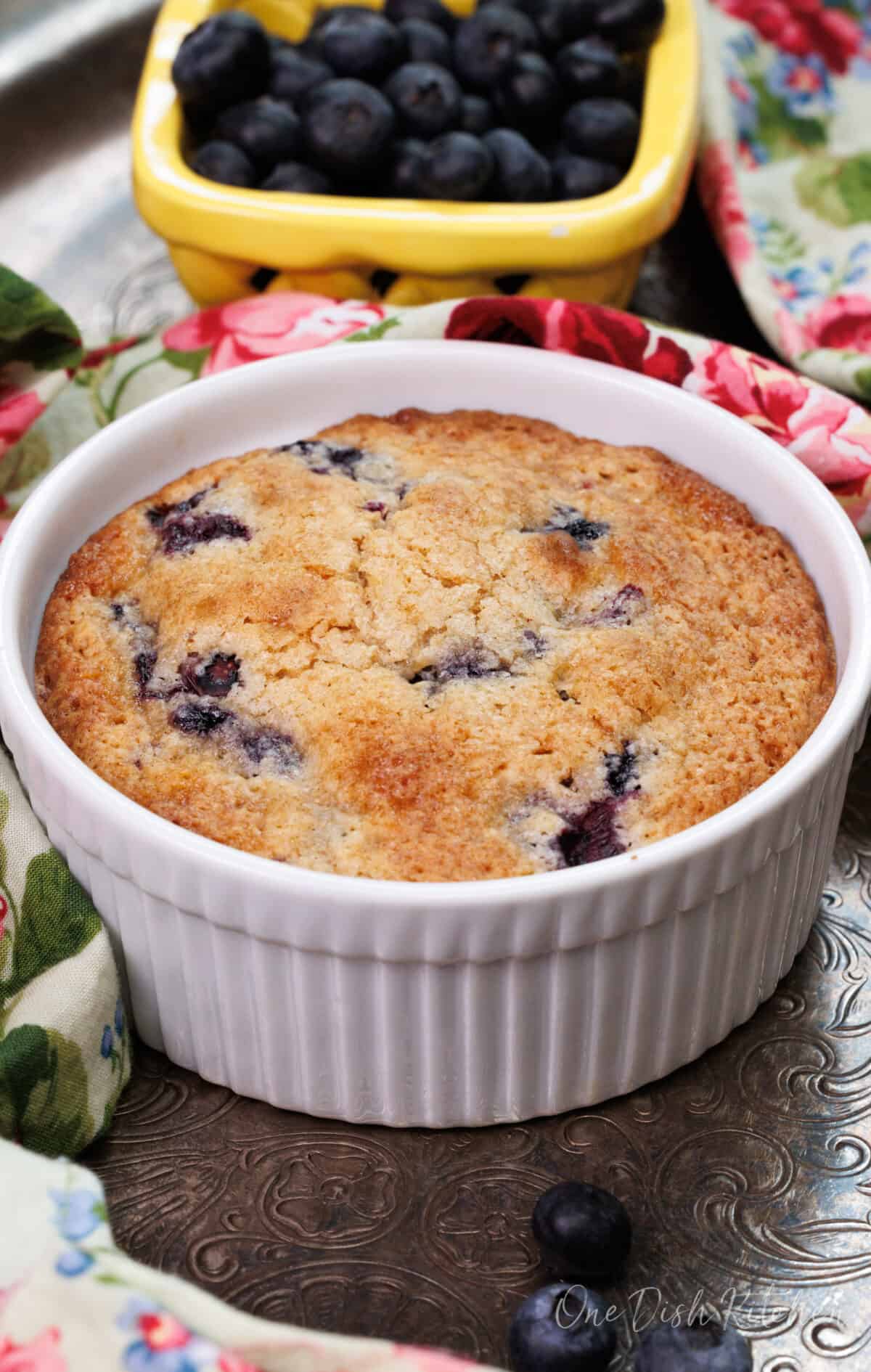 blueberry coffee cake without glaze on a silver tray next to a bowl of fresh blueberries
