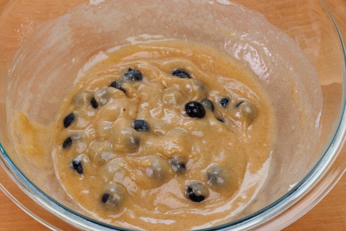 coffee cake batter with blueberries in a bowl