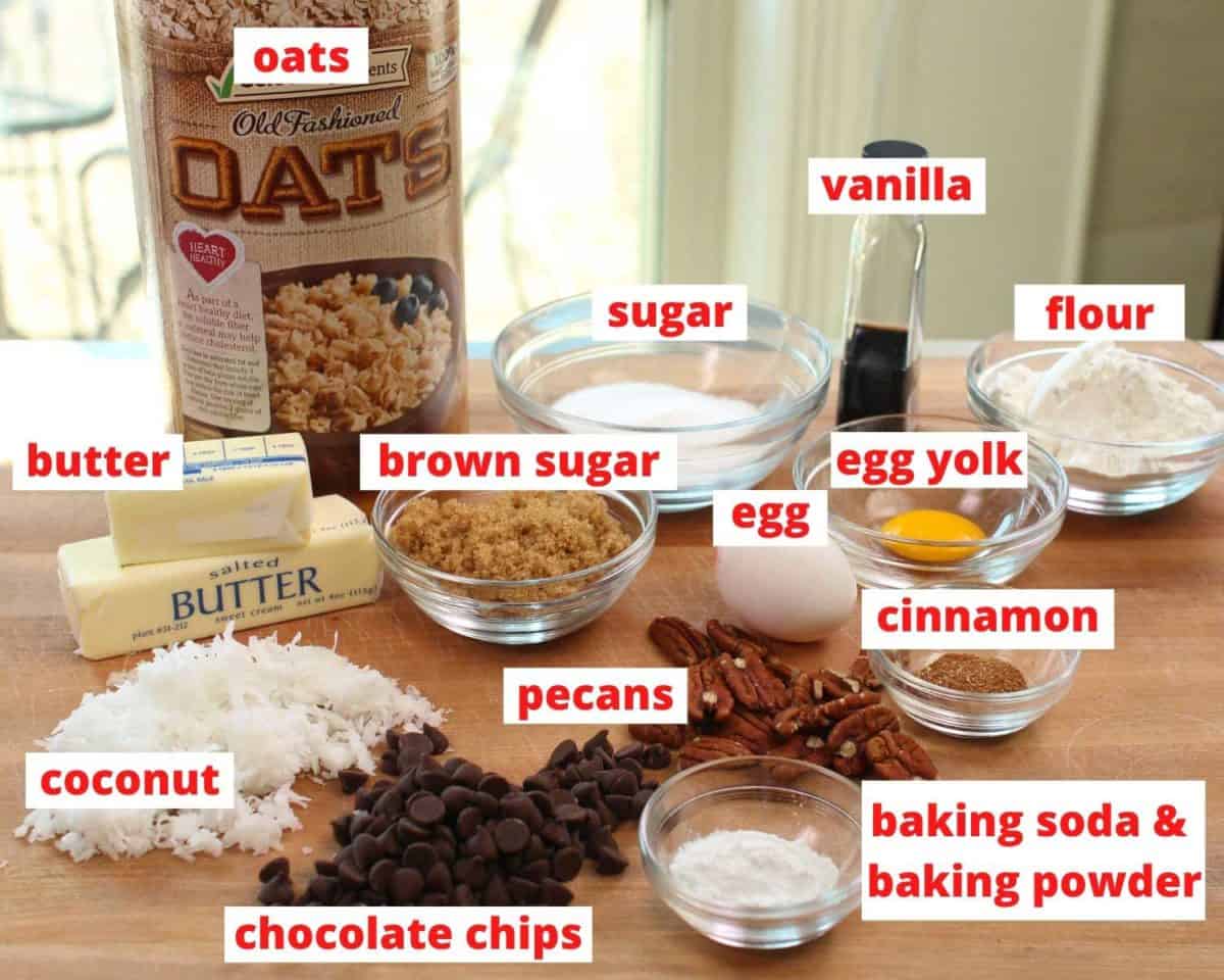the ingredients needed to make pecan chocolate chip cookies on a brown table labeled.