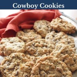 a half batch of Laura Bush Cowboy Cookies on a silver platter.