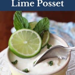 a lime posset in a yellow ramekin topped with fresh mint and a lime slice.