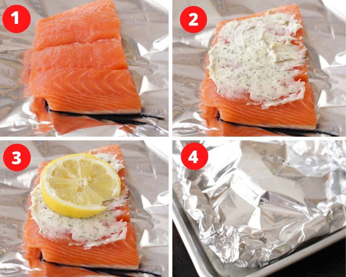 a piece of salmon on foil topped with soften butter and herbs and a slice of lemon.