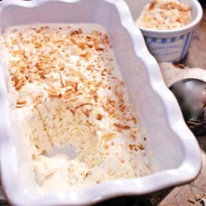 coconut ice cream in a container topped with toasted coconut.