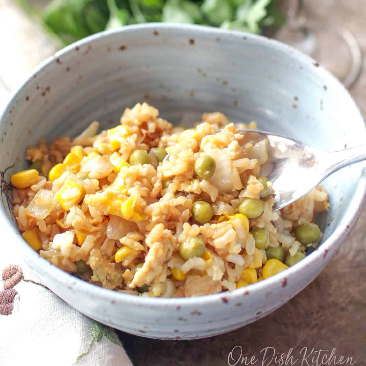 a spoonful of fried rice with bits of onions on the top.