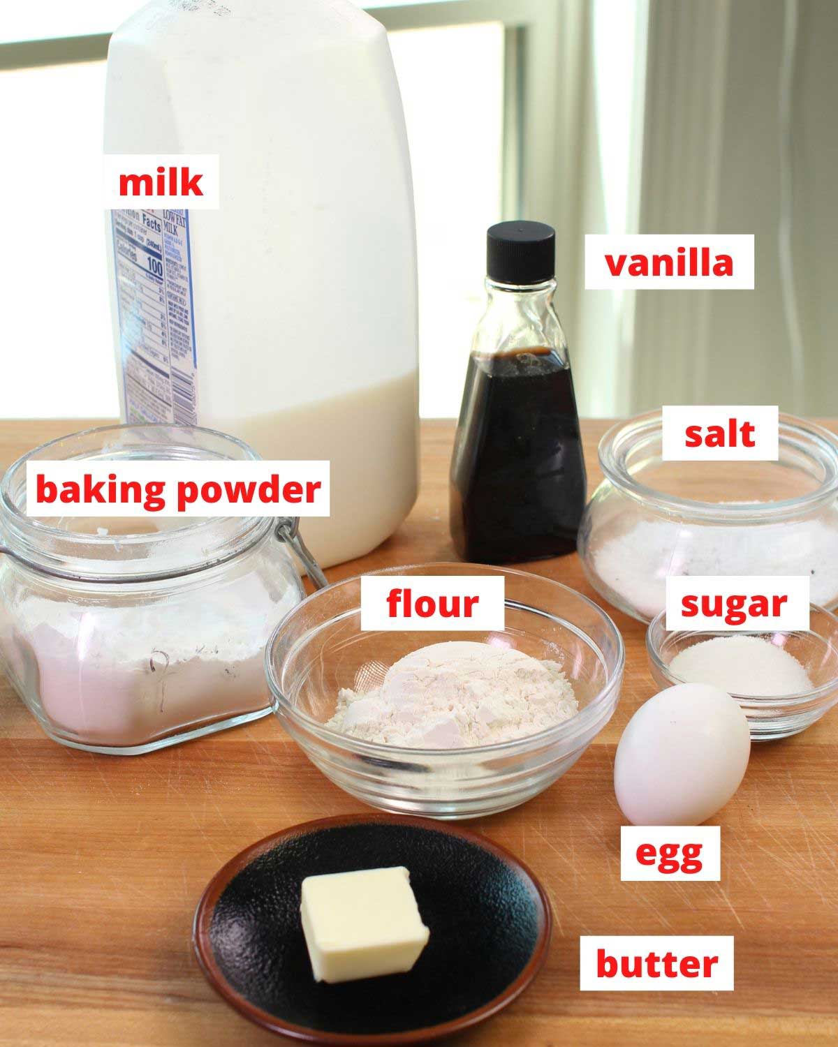 Ingredient shown for pancake recipe includes milk, baking powder, flour, vanilla, sugar, an egg, and salt.