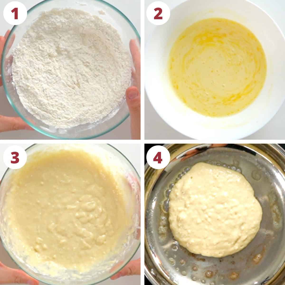 four steps showing how to make a small batch of pancake batter.