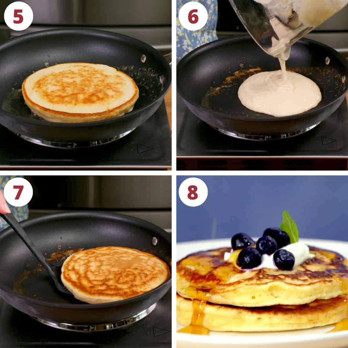 four photos showing how to flip a pancake in a pan.