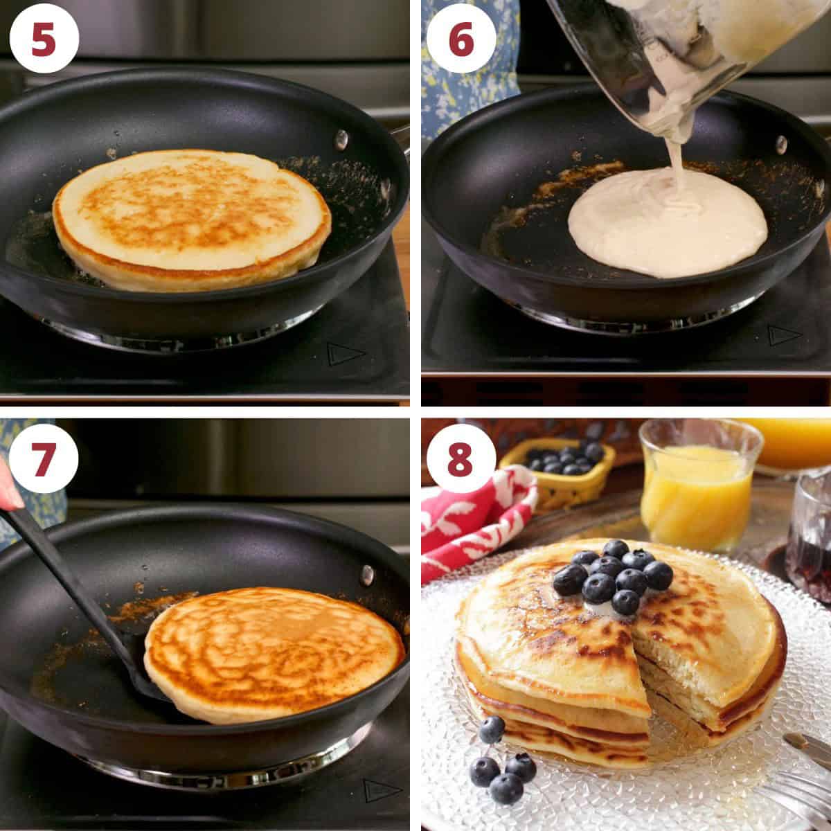 four photos showing how to make pancakes for one person.