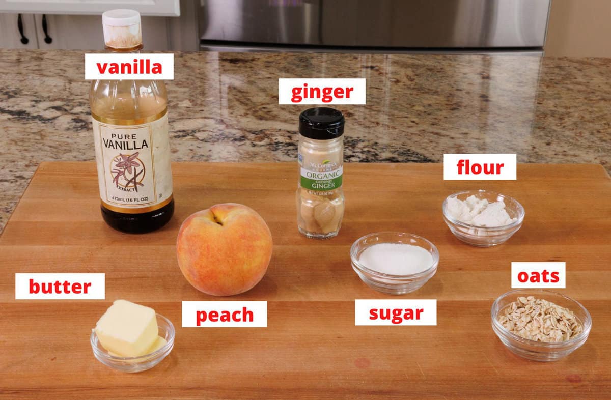 peach crisp ingredients on a kitchen counter.