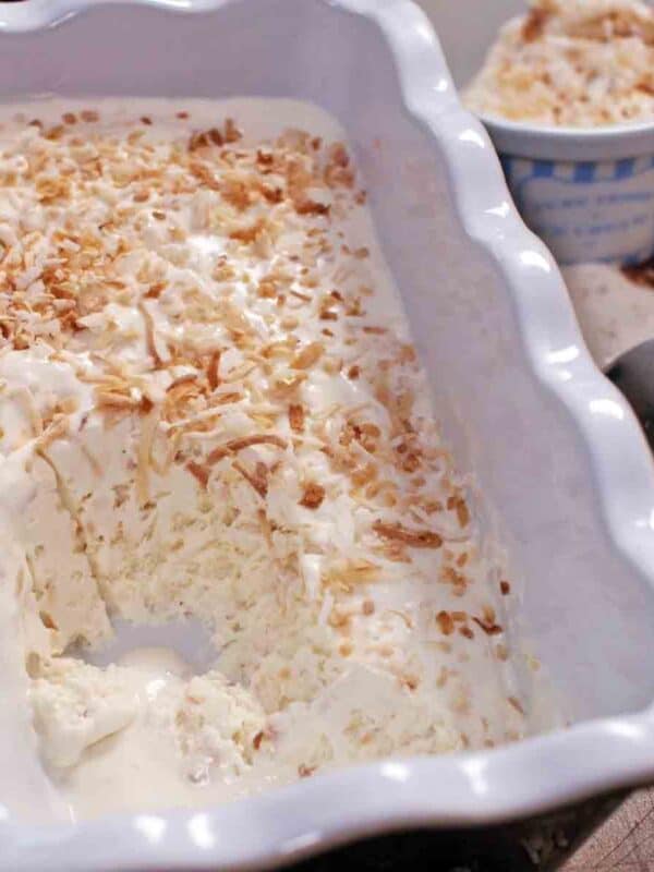 toasted coconut ice cream in a baking dish.