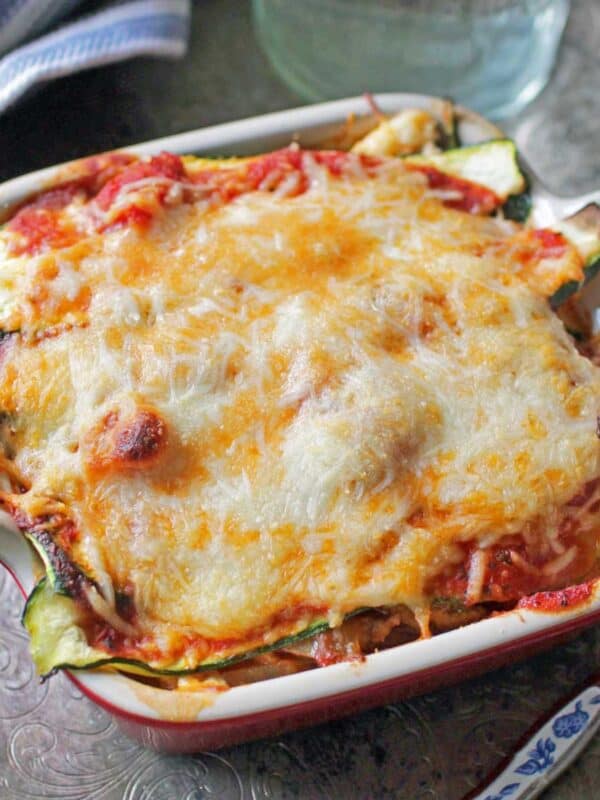 Baked Zucchini Lasagna in a square baking dish.