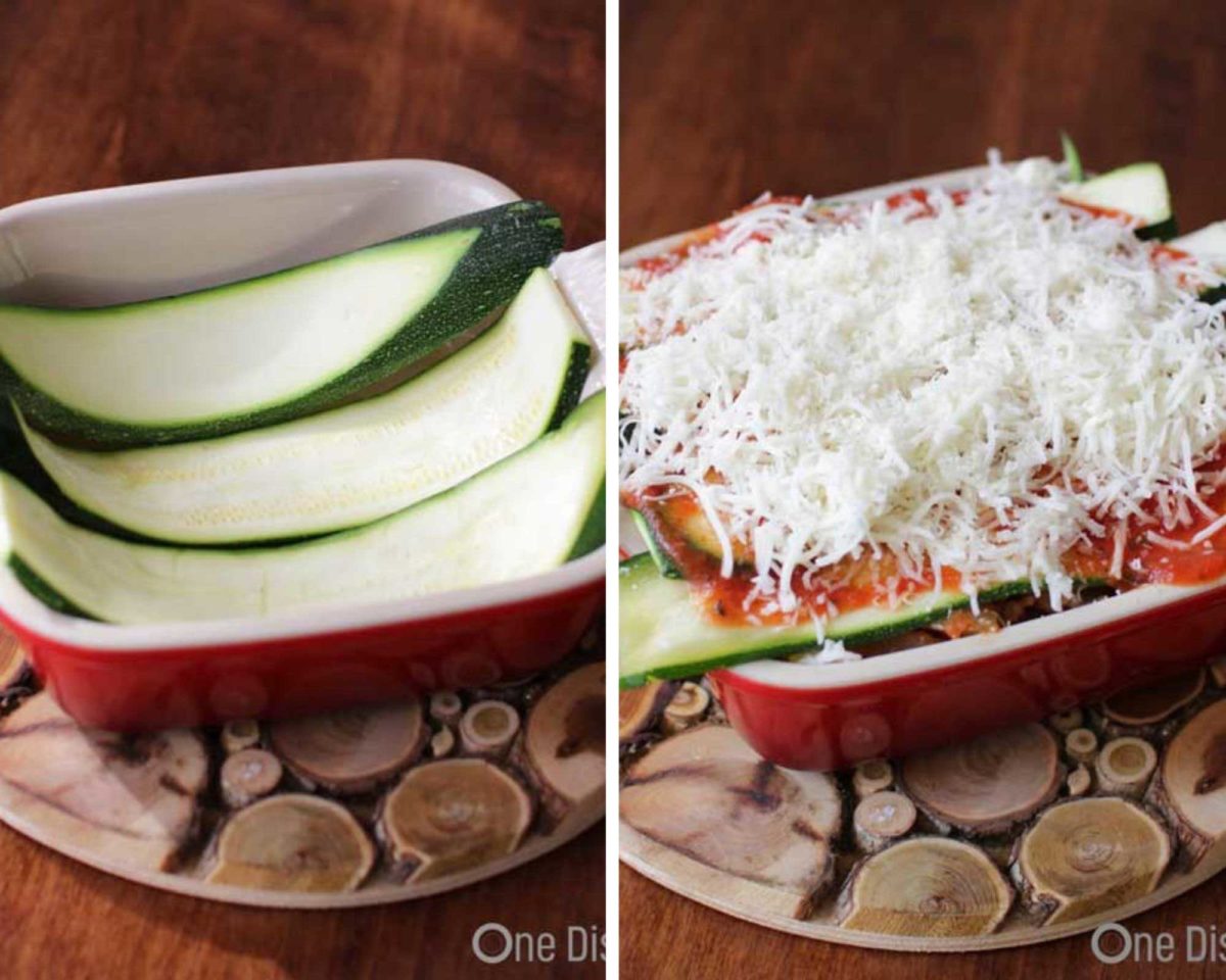 three slices of zucchini laying on the bottom of a small red baking dish next to an unbaked zucchini lasagna topped with cheese