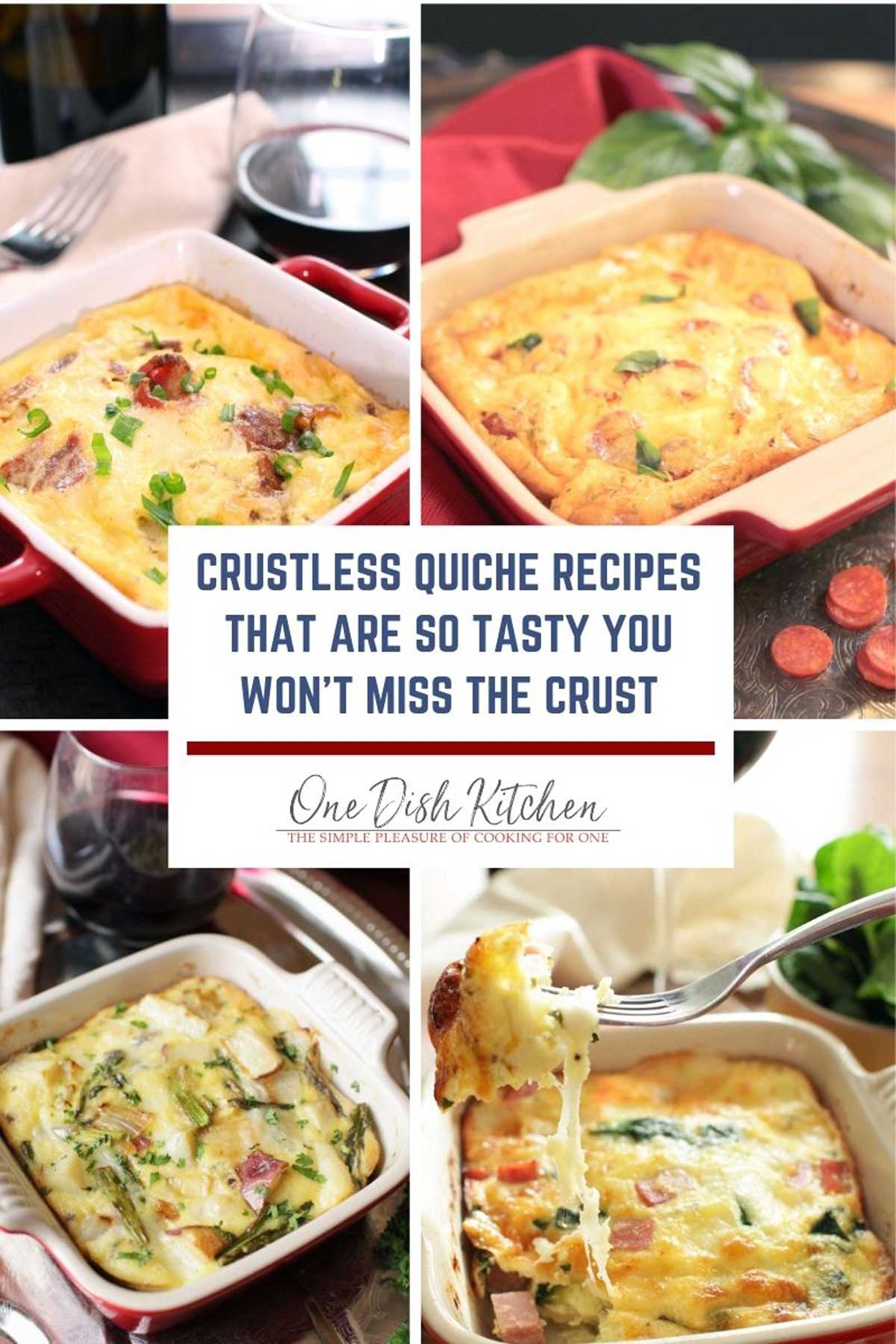 four photos of crustless quiches; quiche lorraine, potato quiche, spinach quiche, and pizza quiche