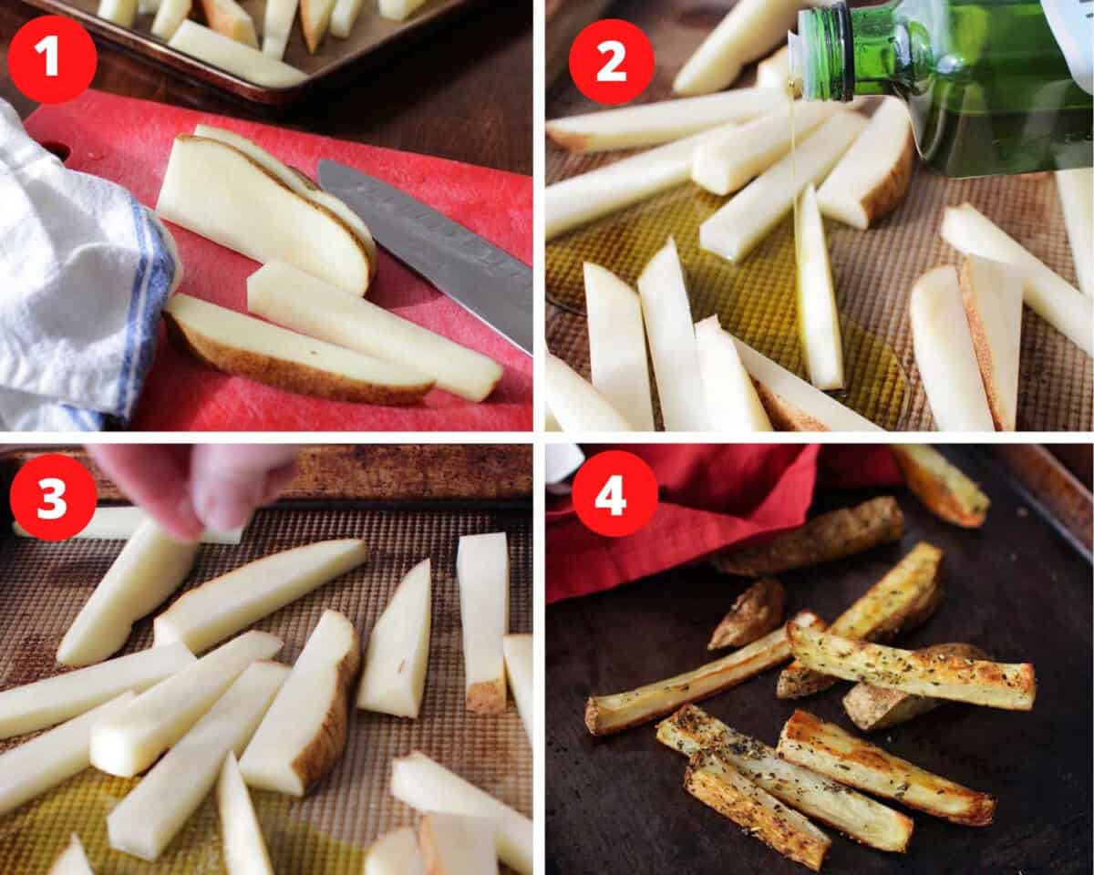 4 photos showing how to slice and bake french fries.