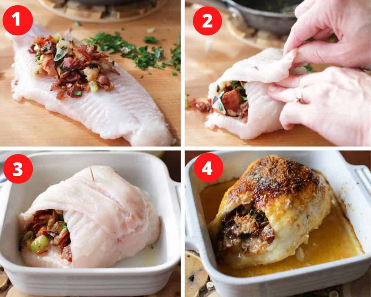 four photos showing how to stuff a fish with a bacon stuffing.