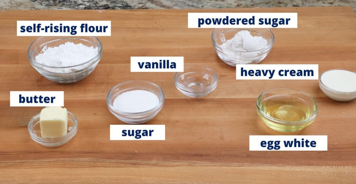 small batch vanilla cupcake ingredients on a kitchen counter.