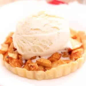 an individual apple pie on a white plate.