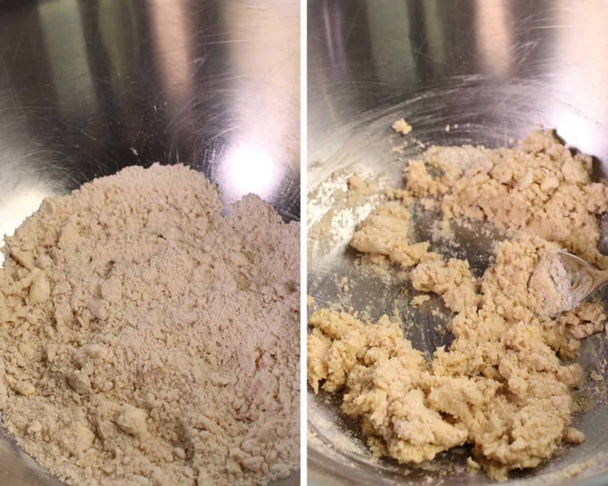 2 pictures of the dry ingredients for apple scones in a mixing bowl and the second photo showing mixed egg and milk with the dry ingredients.
