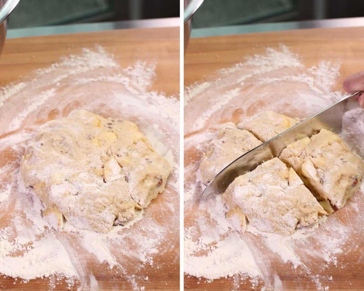 two photos of scone dough. One photo shows the dough in a ball and the second photo shows dough cut into fourths.