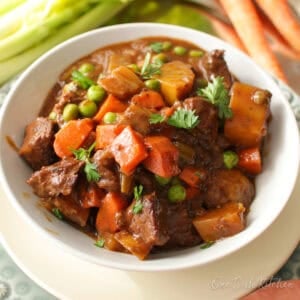 beef stew for one person in a white bowl.