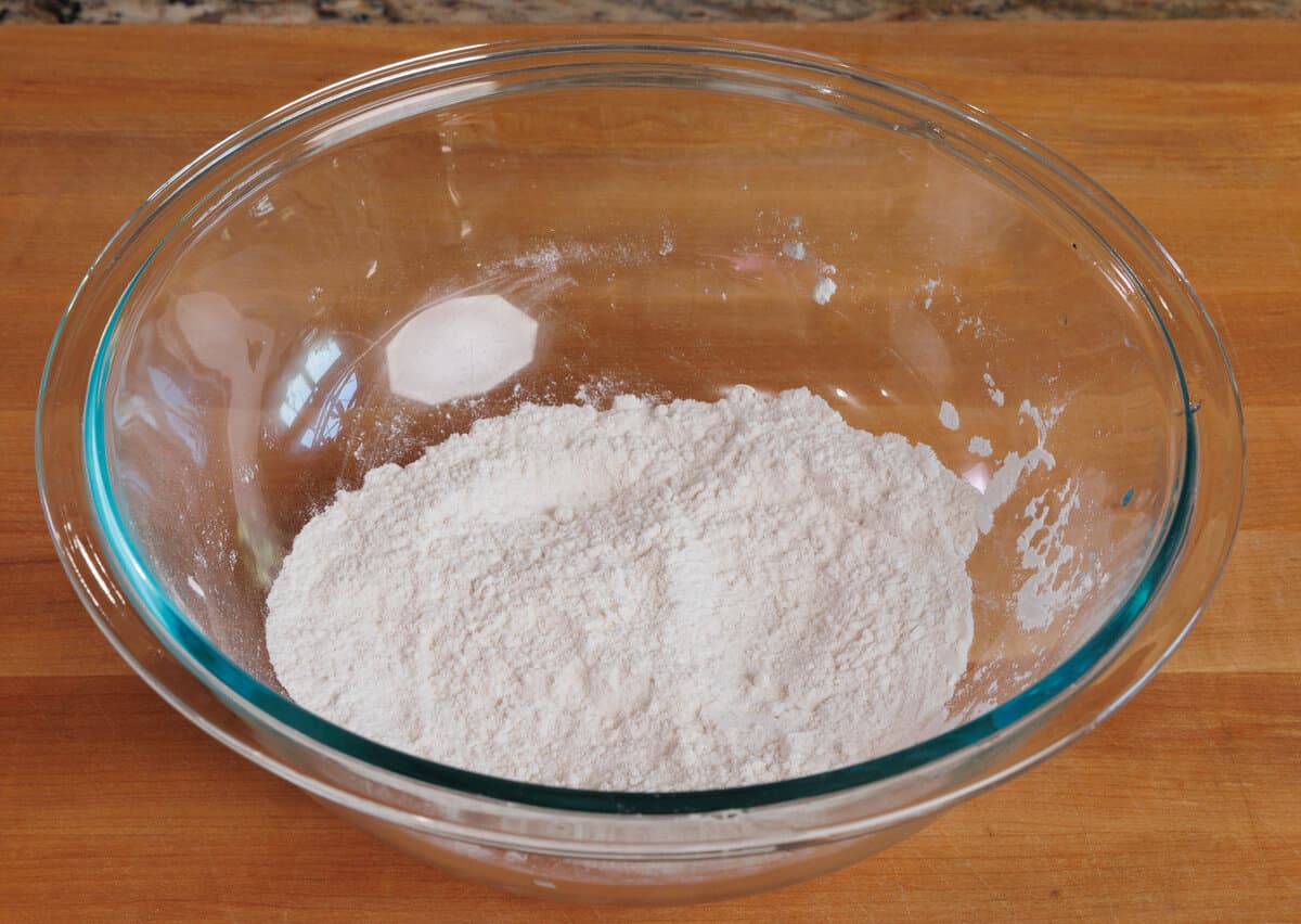 flour, baking powder, sugar, and salt in a mixing bowl