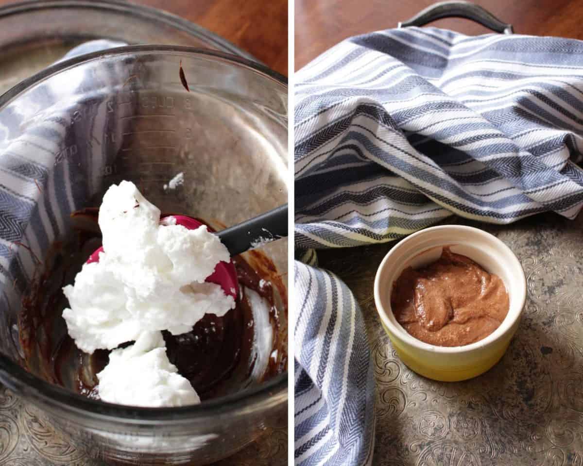two photos showing how to mix two ingredients together for cake.
