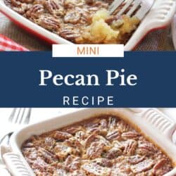 a mini pecan pie in a red baking dish.