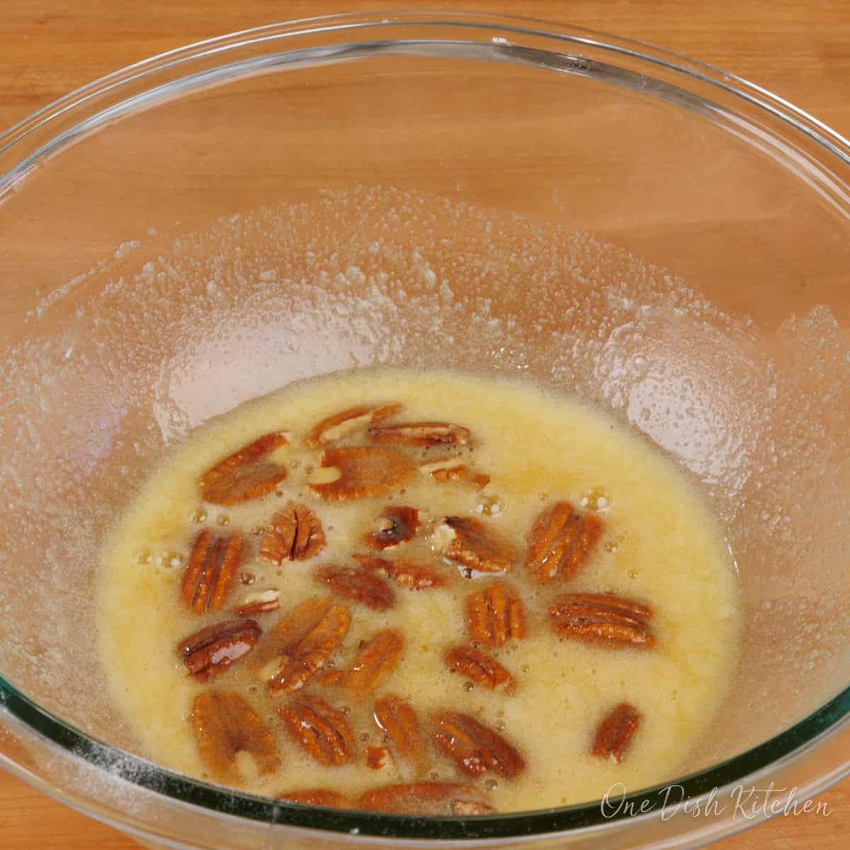 pecan pie filling in a mixing bowl.