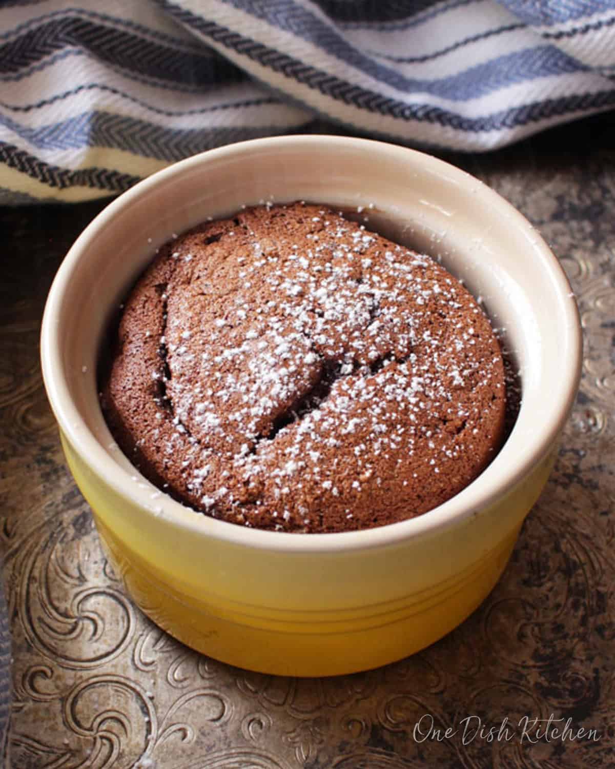 a single serving two ingredient chocolate cake in a ramekin.