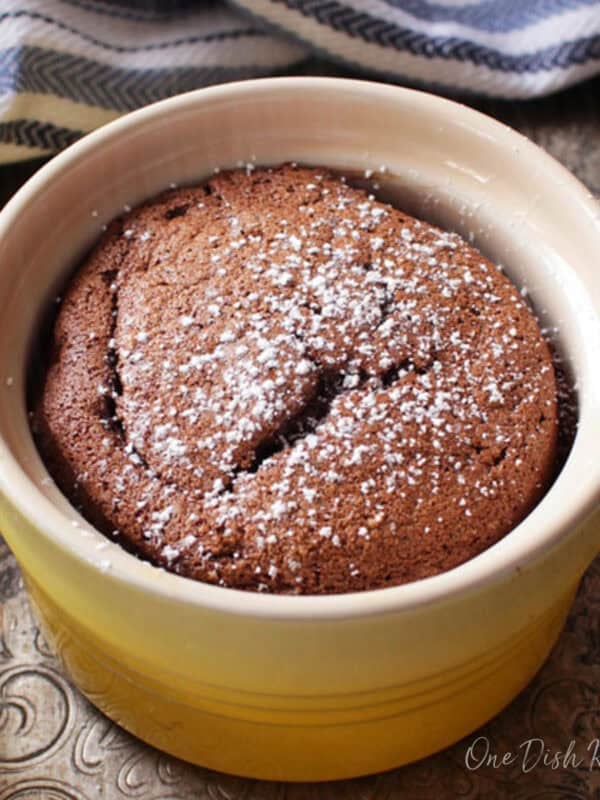 a single serving two ingredient chocolate cake in a ramekin.