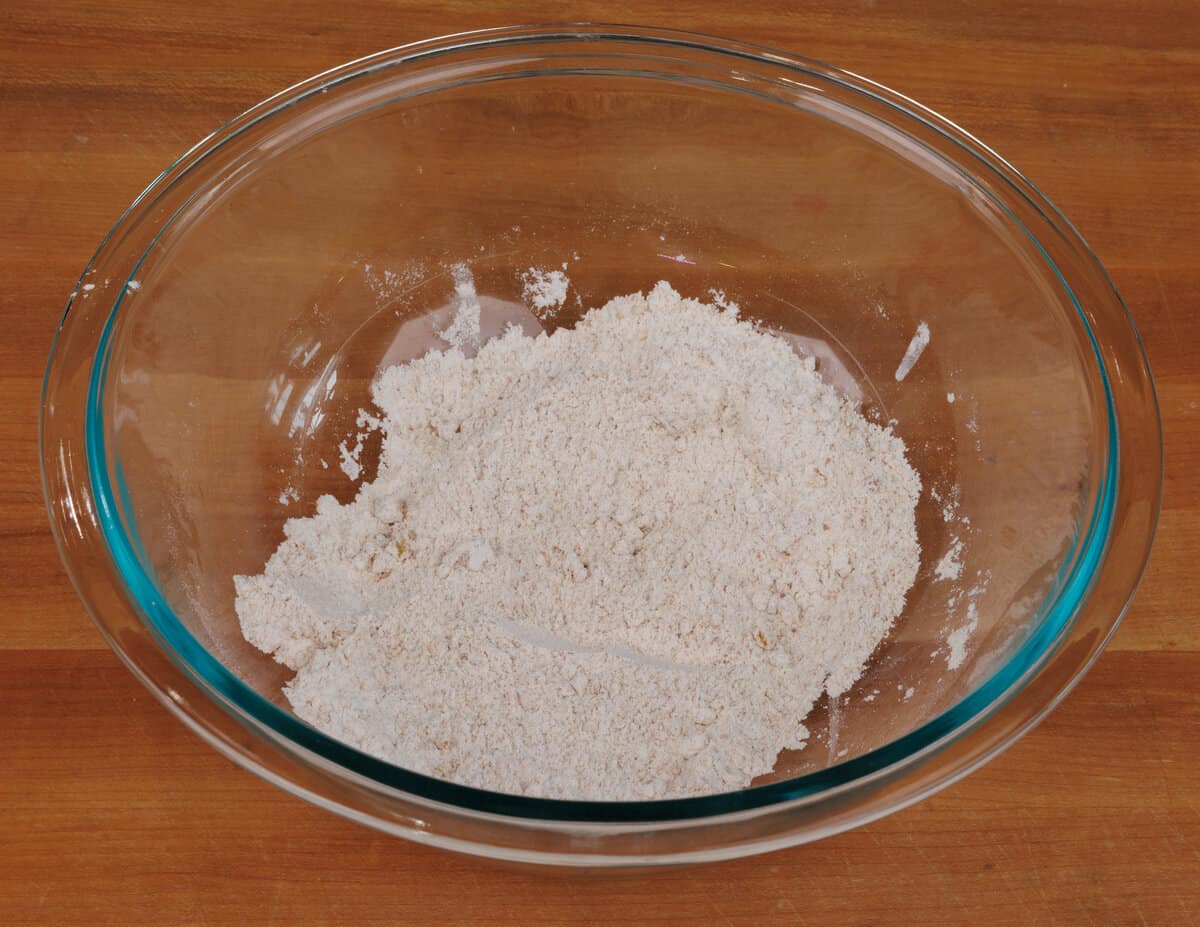 flour, cinnamon, and baking powder in a mixing bowl