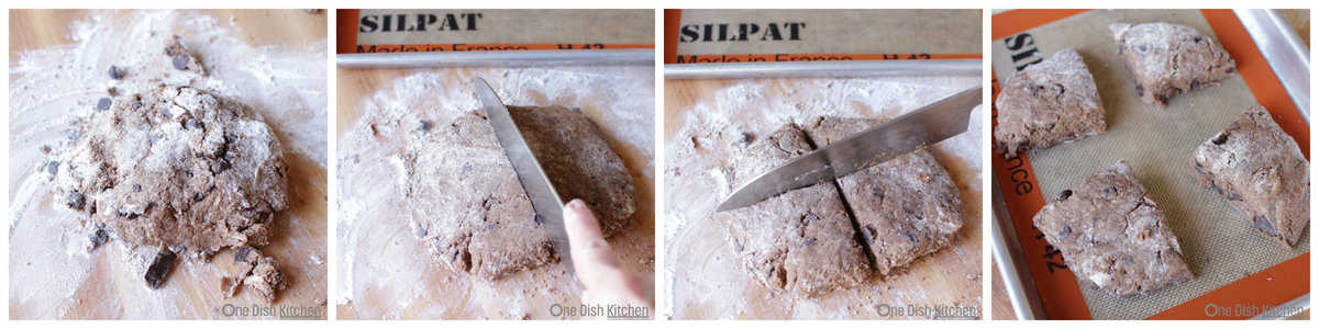 shaping and cutting scones on a cutting board.