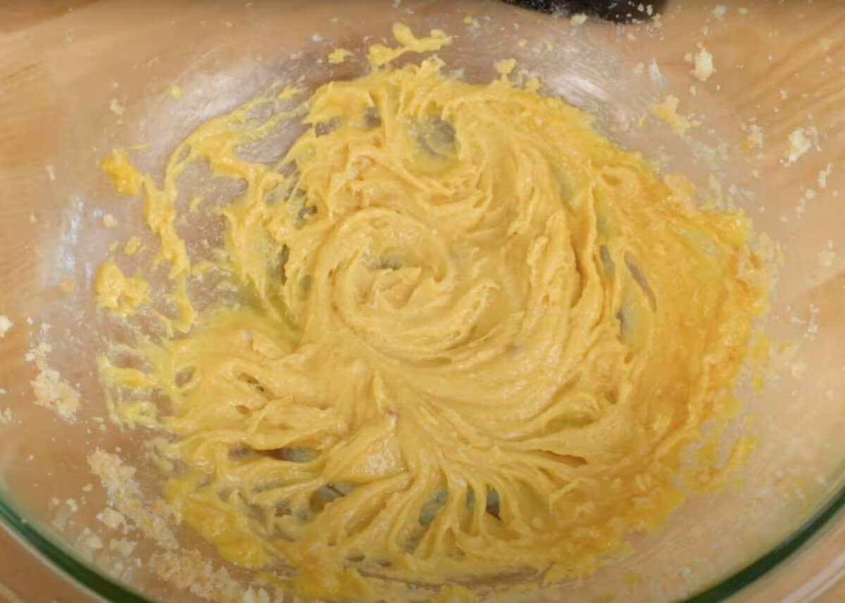 cookie dough batter in a mixing bowl.