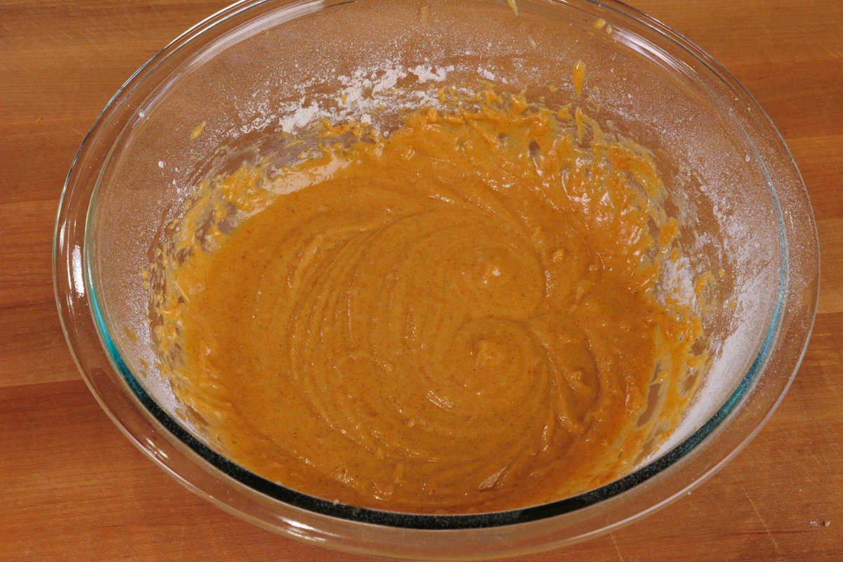 pumpkin bars batter in a mixing bowl
