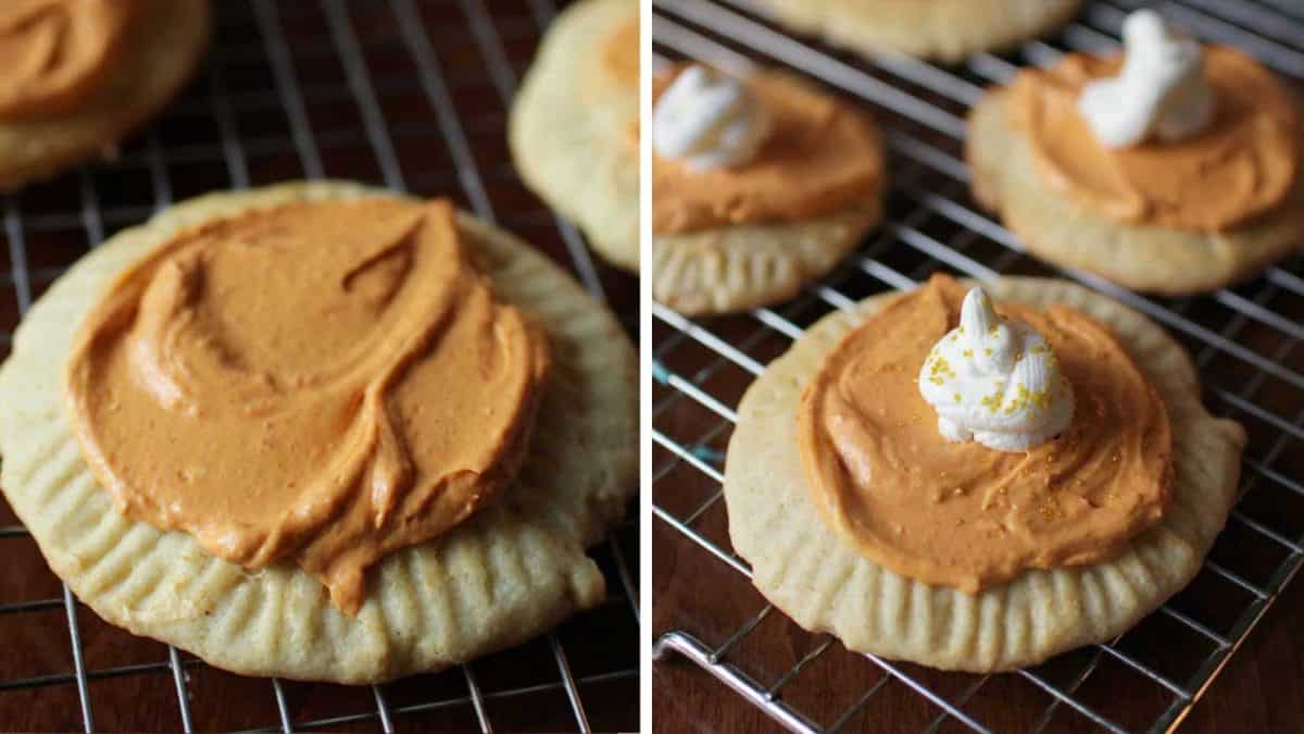 two pictures of cookies that look like pumpkin pies. One has a dollop of whipped cream on top and the other does not.