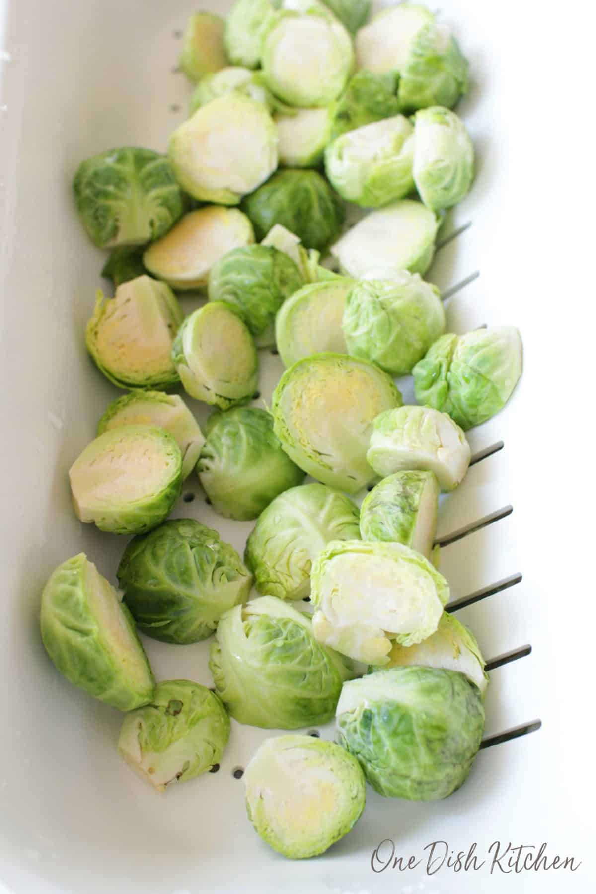 rinsed brussels sprouts in a colander.