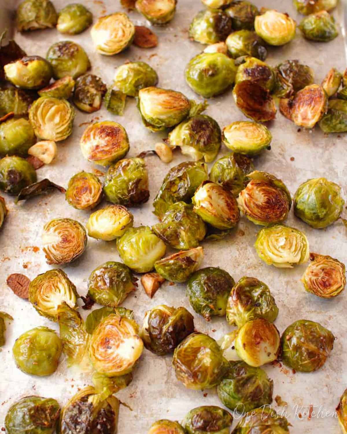 roasted brussels sprouts on a sheet pan.